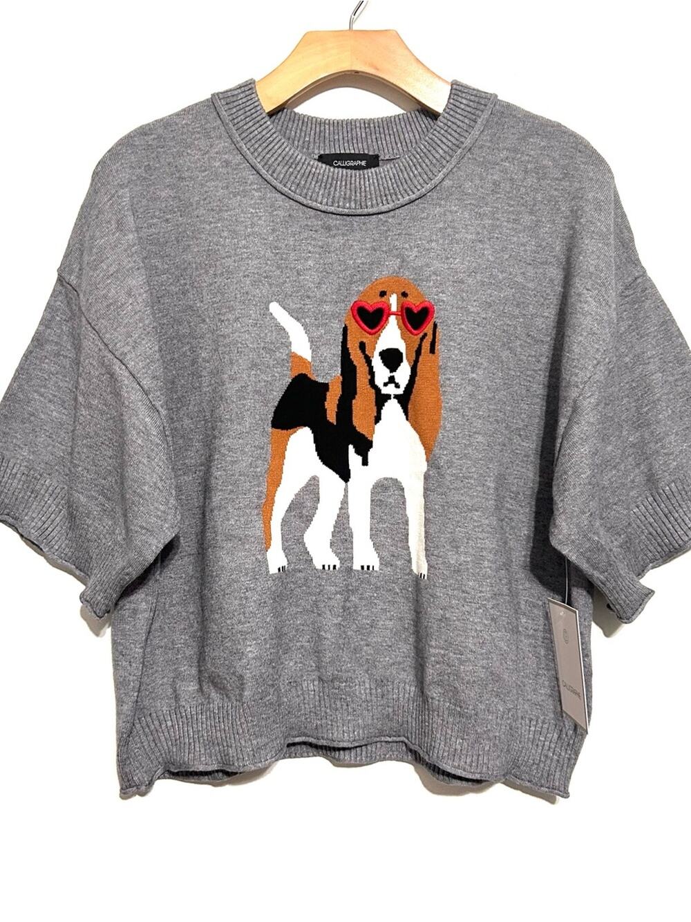Anthropologie Novelty Graphic Grey Knit Sweater Beagle Embroidered Glasses NWT
